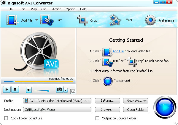 Click to view Bigasoft AVI Converter 3.6.18.4499 screenshot
