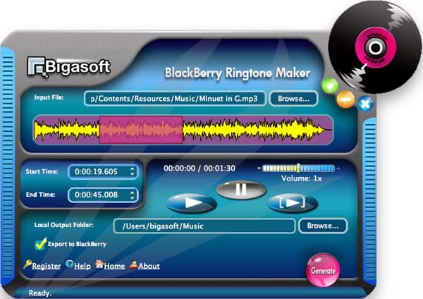 Screenshot of Bigasoft BlackBerry Ringtone Maker for Mac