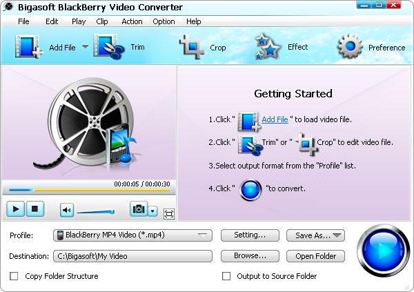 Click to view Bigasoft BlackBerry Video Converter 3.6.18.4499 screenshot