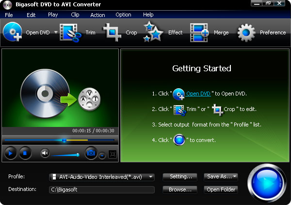 Click to view Bigasoft DVD to AVI Converter 3.1.1.4507 screenshot