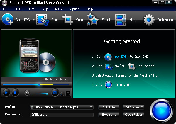 Click to view Bigasoft DVD to BlackBerry Converter 3.1.1.4507 screenshot