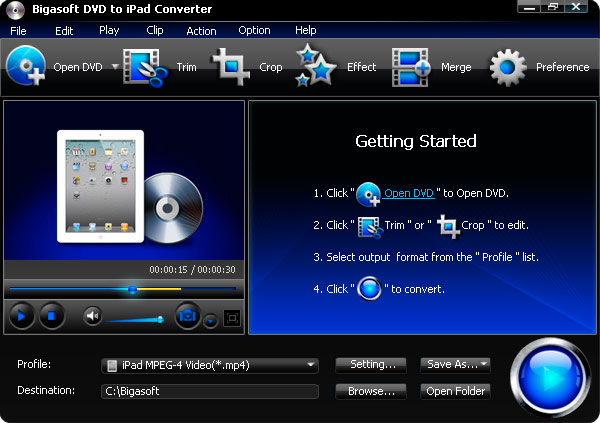 Click to view Bigasoft DVD to iPad Converter 3.1.1.4507 screenshot