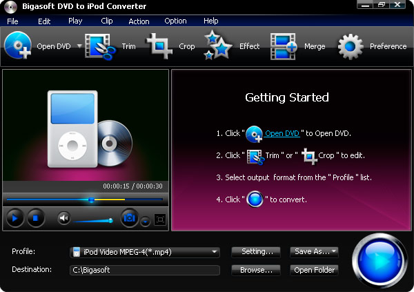 Click to view Bigasoft DVD to iPod Converter 3.1.1.4507 screenshot