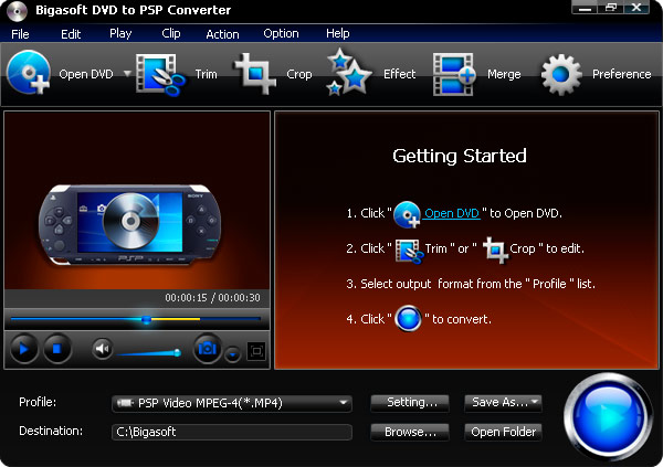 Click to view Bigasoft DVD to PSP Converter 3.1.1.4507 screenshot