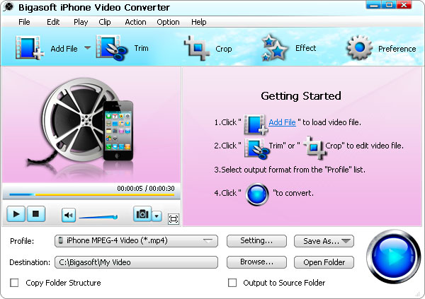 Click to view Bigasoft iPhone Video Converter 3.6.18.4499 screenshot