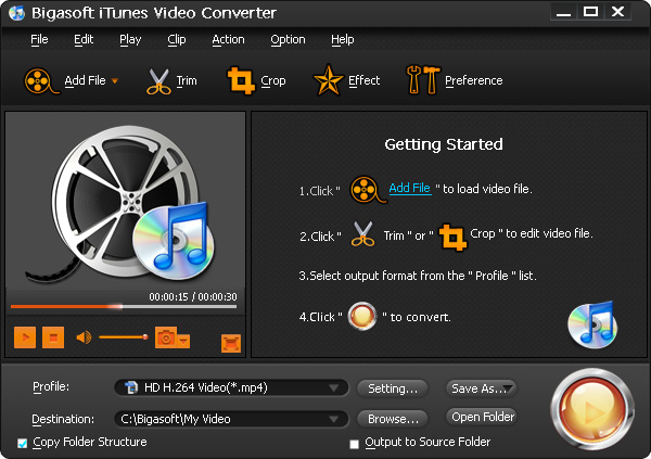 Click to view Bigasoft iTunes Video Converter 3.7.46.4937 screenshot