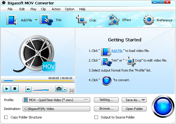Click to view Bigasoft MOV Converter 3.6.18.4499 screenshot