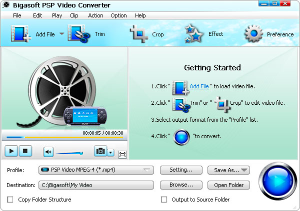 Click to view Bigasoft PSP Video Converter 3.6.18.4499 screenshot
