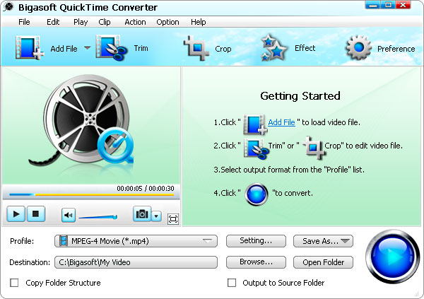 Click to view Bigasoft QuickTime Converter 3.6.18.4499 screenshot