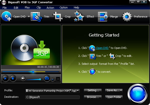 Screenshot of Bigasoft VOB to 3GP Converter