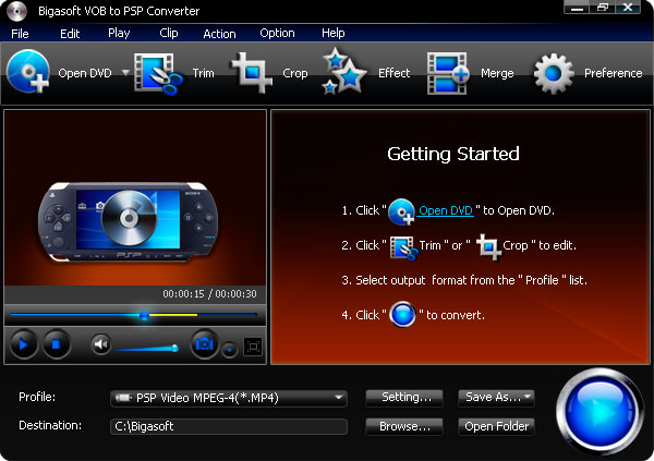 Screenshot of Bigasoft VOB to PSP Converter
