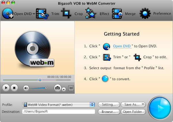 Screenshot of Bigasoft VOB to WebM Converter for Mac