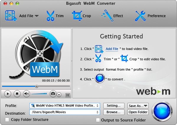 Screenshot of Bigasoft WebM Converter for Mac
