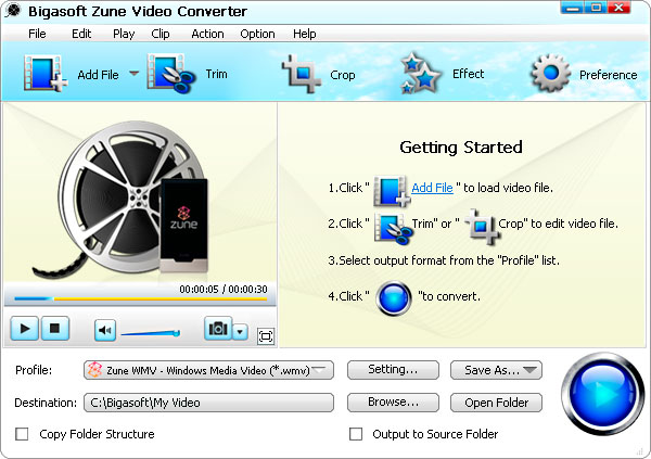 Click to view Bigasoft Zune Video Converter 3.6.18.4499 screenshot